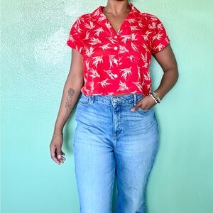 Short Sleeve Button Down Cropped Shirt Womens M Red/Orange